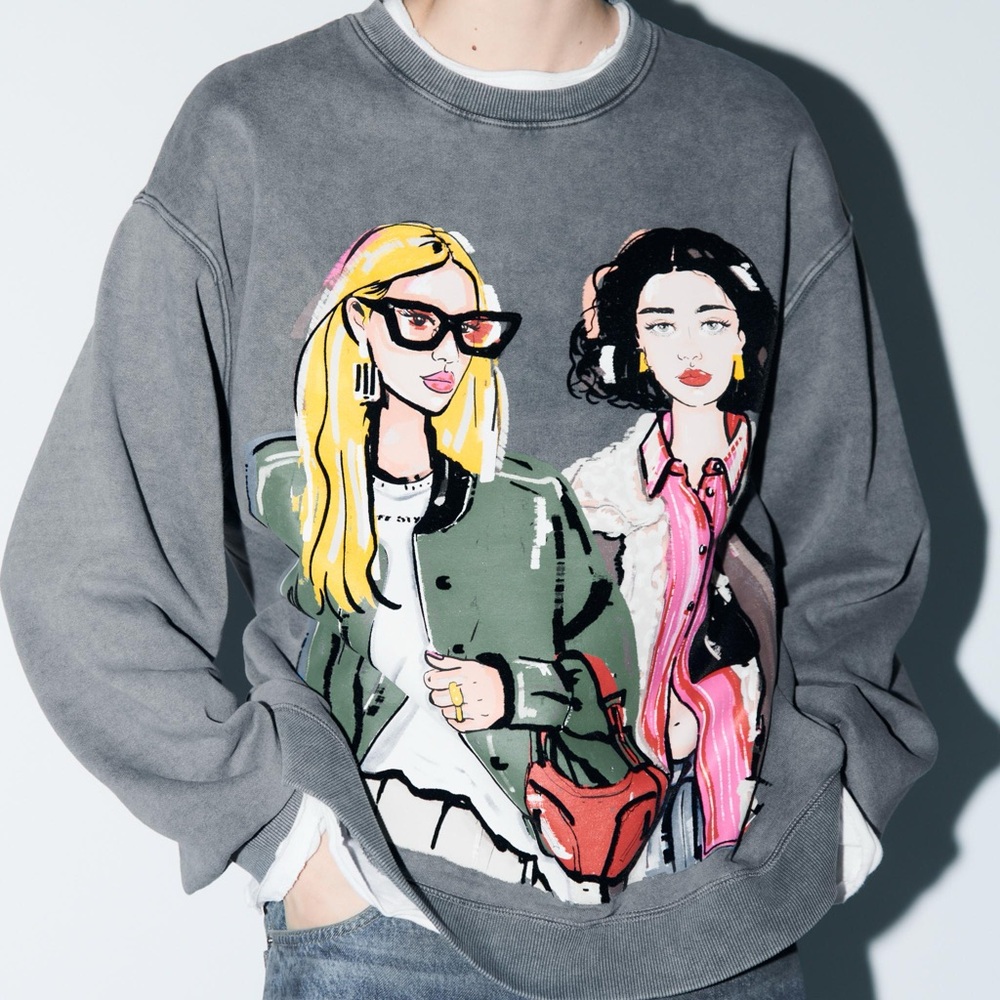 Vintage Style Y2K Artsy Fashion Oversized Graphic Pop Art Charcoal Gray Sweater
